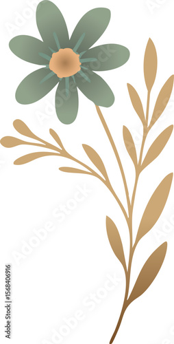 A whimsical flat illustration of a green-petaled flower with a peach center and tan stem, accompanied by delicate leaves and buds.