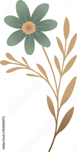 A whimsical flat illustration of a green-petaled flower with a peach center and tan stem, accompanied by delicate leaves and buds.