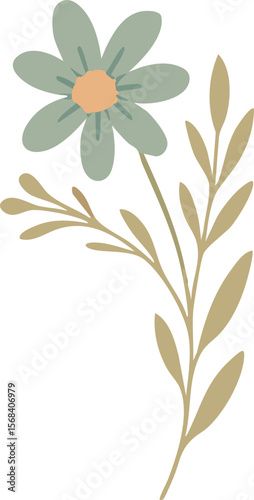 A whimsical flat illustration of a green-petaled flower with a peach center and tan stem, accompanied by delicate leaves and buds.