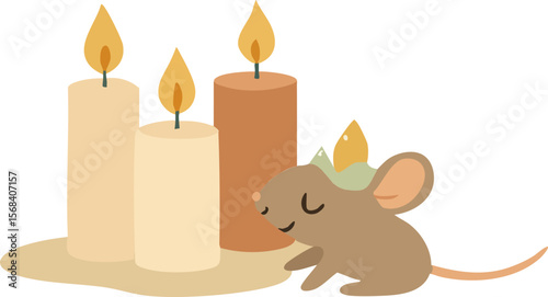 A cute illustration of a sleepy mouse wearing a leafy crown, peacefully resting beside three lit candles on a soft, cozy surface.