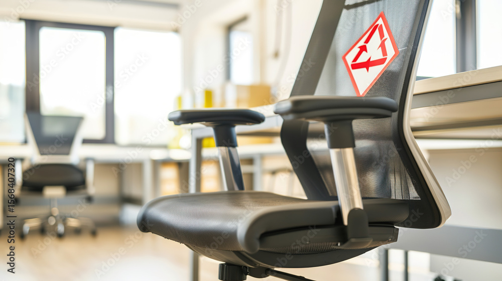 Fototapeta premium An ergonomic office chair in a modern workspace with a symbolic warning label, highlighting the health risks associated with prolonged sitting. Ideal for illustrating workplace wellness, sedentary lif