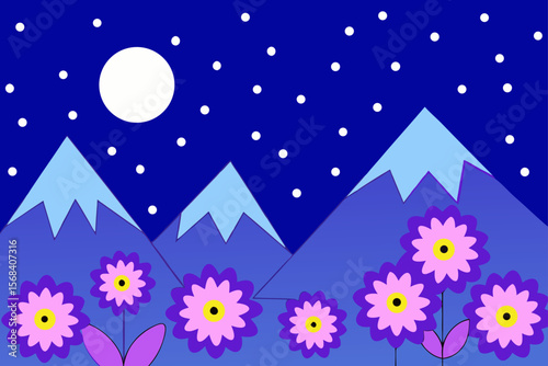 Serene Mountain Flower Fields Under Moonlight