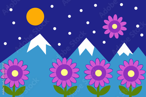 Serene Mountain Flower Fields Under Moonlight