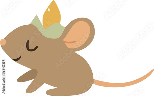 A cute cartoon mouse with closed eyes and a peaceful expression wears a leafy crown topped with a glowing flame.