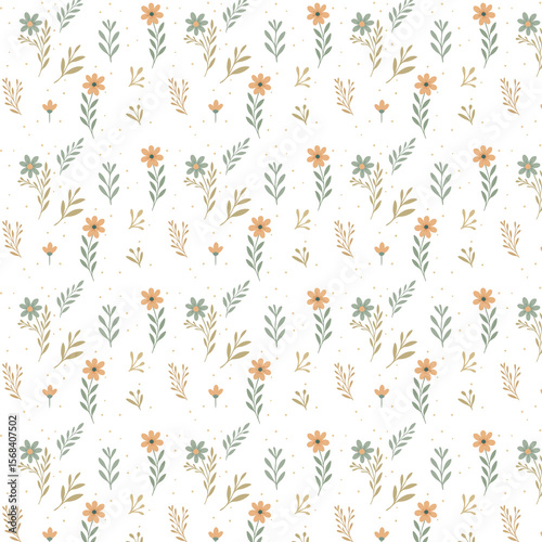 This is a seamless floral pattern featuring whimsical pastel flowers and leafy branches on a black background with scattered yellow dots.