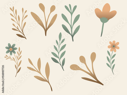 Set with whimsical pastel flowers and leaf branches on a black background with scattered yellow dots.