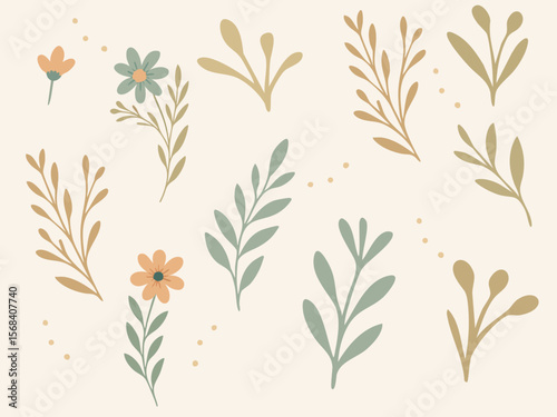 Set with whimsical pastel flowers and leaf branches on a black background with scattered yellow dots.