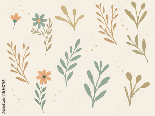 Set with whimsical pastel flowers and leaf branches on a black background with scattered yellow dots.