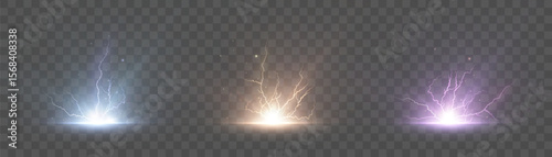 Set of vector electrical discharges with glowing colored flashes on transparent background. For design and illustrations