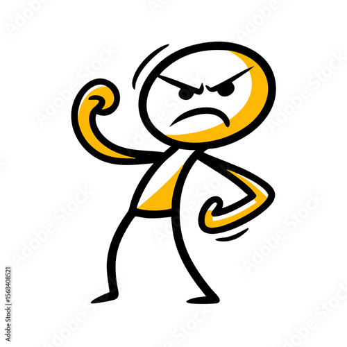 Animated character flexing muscles with an angry expression  