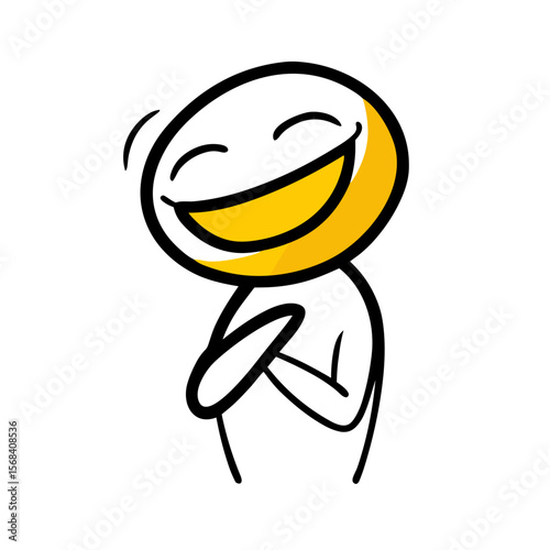 Smiling cartoon character with yellow face and hands together  