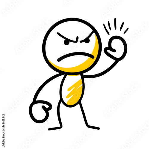 Angry stick figure raising hand in frustration with yellow accents  