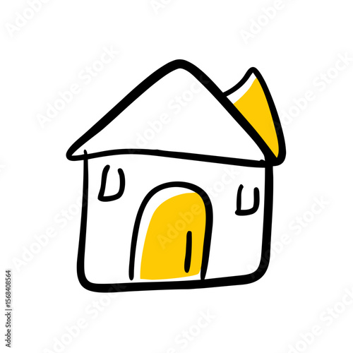 Hand-drawn house illustration with yellow roof and door  