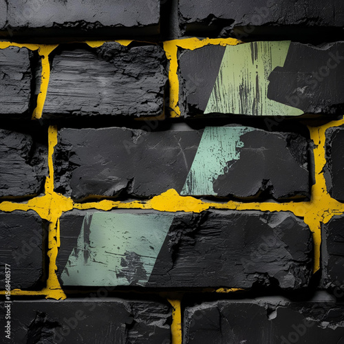 Intriguing Brick Wall Texture: Abstract Art with Yellow Grout and Faded Portraits