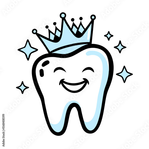 Cartoon smiling tooth with crown and sparkling stars illustration  