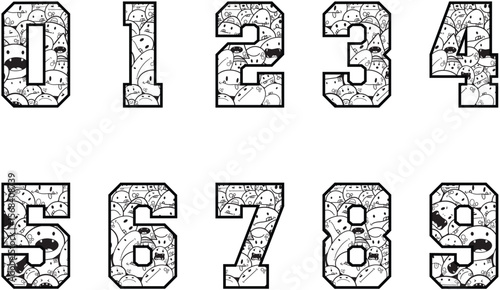 Playful Numerical Sequence: A black and white illustration of the number 0-9, with each number in a unique doodle pattern. Perfect for adding a touch of playfulness to any project.