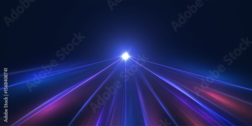 Vector illustration of a futuristic background with radiating blue and purple beams, perfect for high-tech presentations, digital slides, or innovation-themed designs.