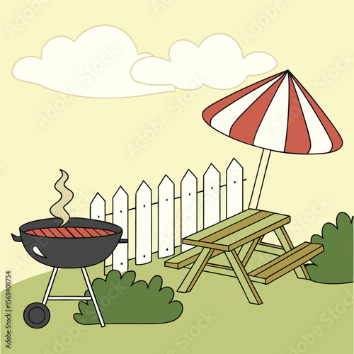 Cartoon Picnic Scene with Grill Picnic Table and Red Striped Umbrella