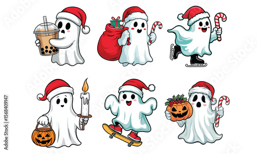  Christmas Ghosts Wearing Santa Hat Bundle Design.