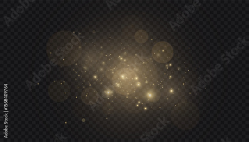 Vector illustration of glowing golden glitter and glowing dust bokeh on transparent background. For holiday and Christmas design