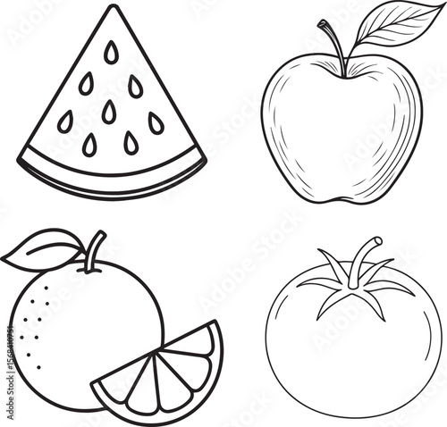 Watermelon slice apple orange tomato illustration seeds