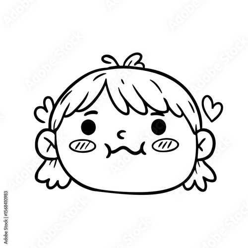 Cartoon girl with puffy cheeks and heart shapes in black outline  
