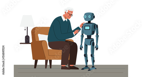 Elderly man interacting with a robot companion while sitting in a cozy room  