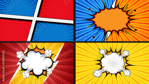 Comic pop art Retro background bundle design with colorful boom splash explosion bubble bang pow effects. Dynamic halftone lines, vintage cartoon style for fun.