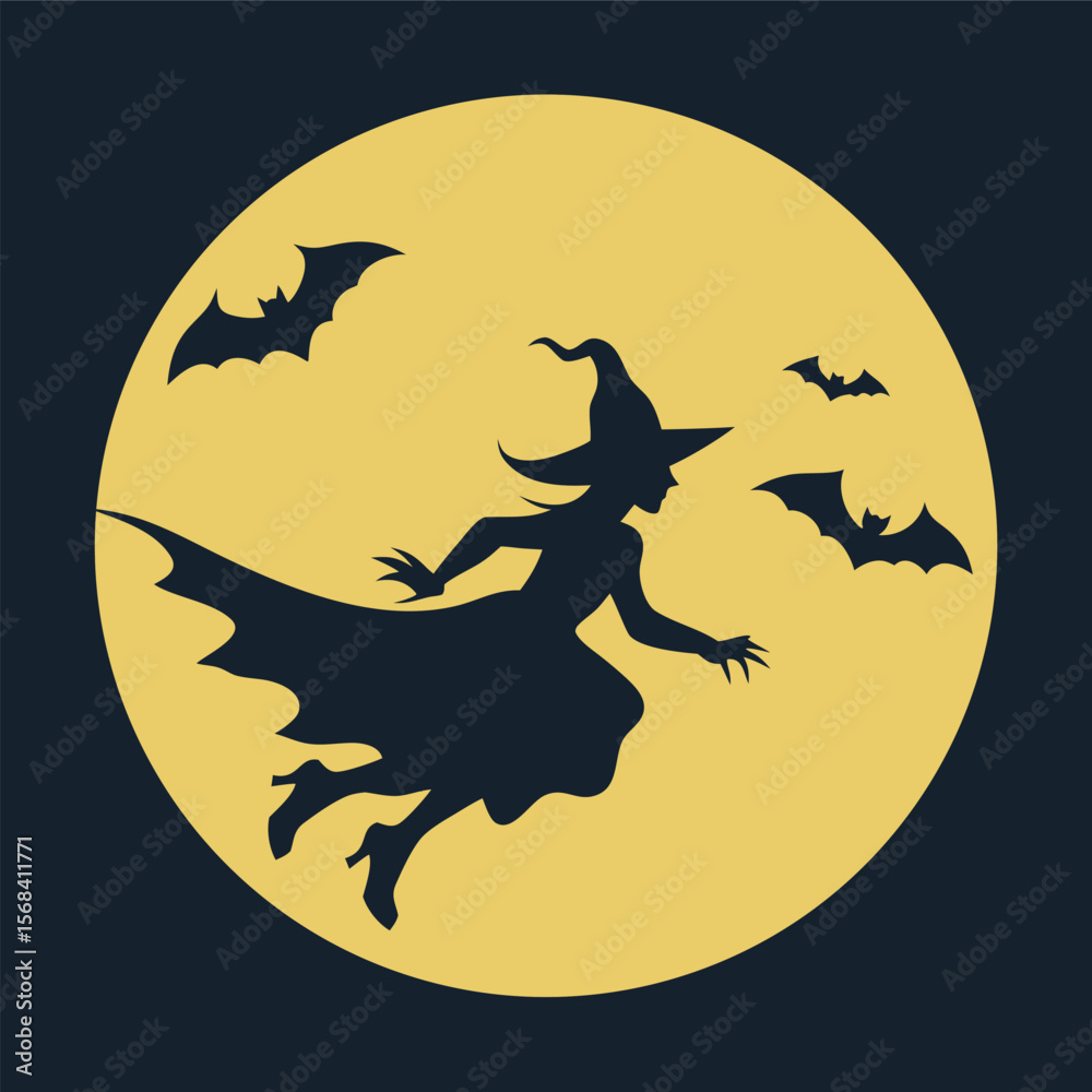 Witch Flying On Broom With Moon Silhouette Witch Flying On Broom With Moon Silhouette