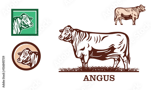 great angus standing in farm logo, silhouette of  happy healthy cattle vector illustrations