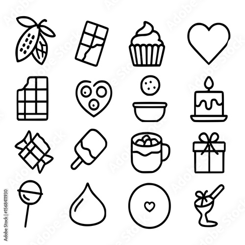 Chocolate and Sweet Treat Line Icons Set, ideal for dessert menus, confectionery packaging, food blogs, bakery branding, café design, Valentine's graphics, candy shop visuals, or recipe apps