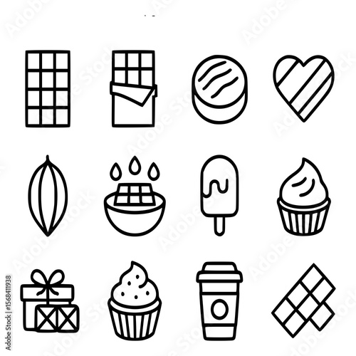Chocolate and Sweet Treat Line Icons Set, ideal for dessert menus, confectionery packaging, food blogs, bakery branding, café design, Valentine's graphics, candy shop visuals, or recipe apps