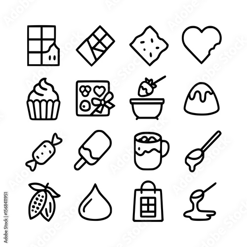 Chocolate and Sweet Treat Line Icons Set, ideal for dessert menus, confectionery packaging, food blogs, bakery branding, café design, Valentine's graphics, candy shop visuals, or recipe apps