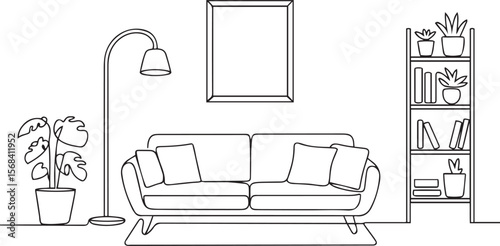 Continuous line art drawing of a modern living room interior with sofa and plants