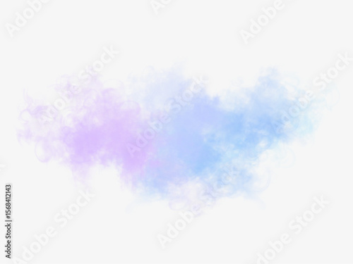 Watercolor smoke cloud with pink and blue tint, soft swirls on white background, PNG. Realistic vector smoke, cloud, steam with colorful texture.