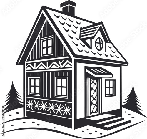 Charming Black and White Illustration of a Traditional House