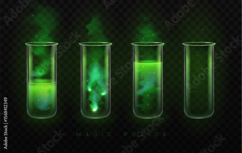 Set of mystery magic laboratory flasks or chemistry measuring glass tubes  with green potion and smoke isolated on black background. Vector illustration