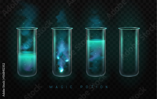 Set of mystery magic laboratory flasks or chemistry measuring glass tubes  with blue potion and smoke isolated on black background. Vector illustration