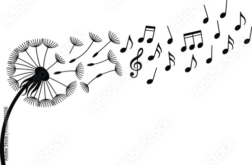 Musical Dandelion Art, Notes Blowing in the Wind Vector Design.

