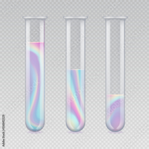 Set of  laboratory flasks or chemistry measuring glass tubes with holographic liquid isolated on transparent background. Vector illustration