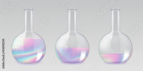 Set of  laboratory flasks or chemistry measuring glass tubes with holographic liquid isolated on transparent background. Vector illustration
