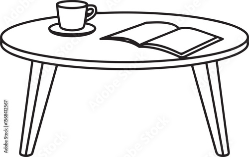 Outline line art drawing of a coffee table with a cup and an open book