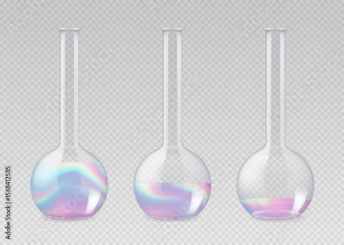 Set of  laboratory flasks or chemistry measuring glass tubes with holographic liquid isolated on transparent background. Vector illustration