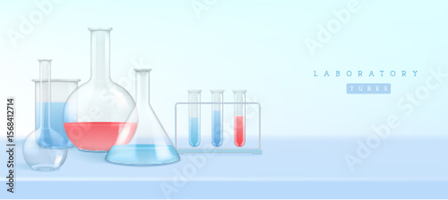 Set of  laboratory flasks or chemistry measuring glass tubes with color reagents isolated on blue clear background. Vector illustration