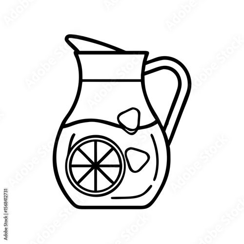 Glass pitcher with lemonade and sliced lemon pieces inside  