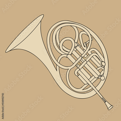 Outline illustration of a French horn on a beige background  