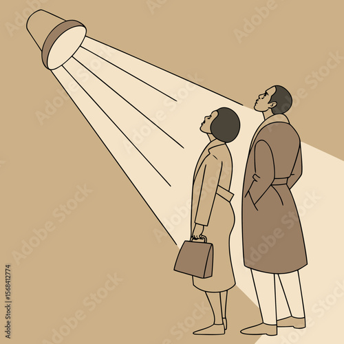 Two individuals looking up at a bright light source in minimal style  