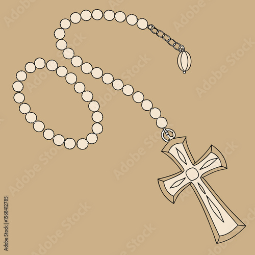Outline of a rosary with cross on a brown background  