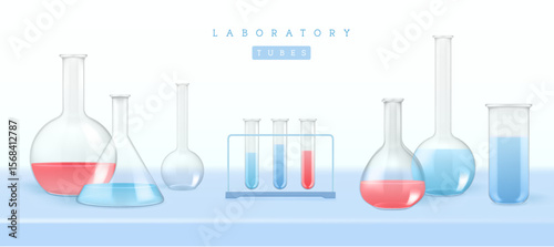 Set of  laboratory flasks or chemistry measuring glass tubes with color reagents isolated on blue clear background. Vector illustration