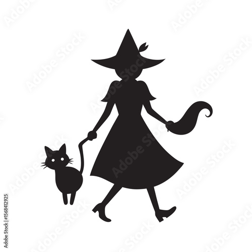 Black Cat Walking With Halloween Witch Silhouette